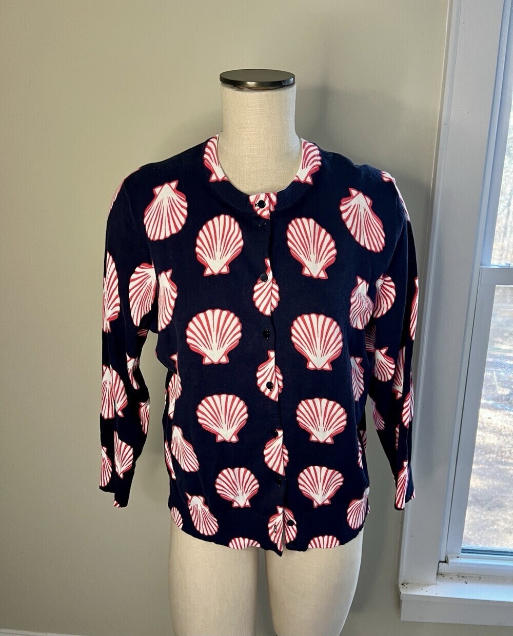 NWT Crown&Ivy Button Cardigan Sweater 1X Blue Pink Clam Shells Beach Prep